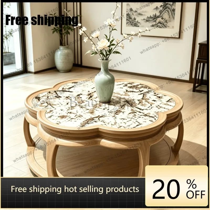 YJ Custom Flower Shape Coffee Table 2026 Song Aesthetics North American Black Walnut New Chinese Villa Living Room Table