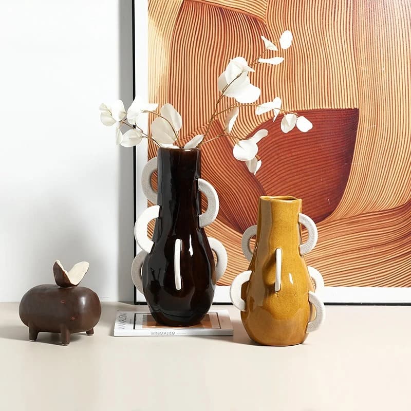 Creative Ceramic Vase With Multi Ring Handles Abstract Art Decorative Flower Vase for Dried Flowers Living Room Desktop Home