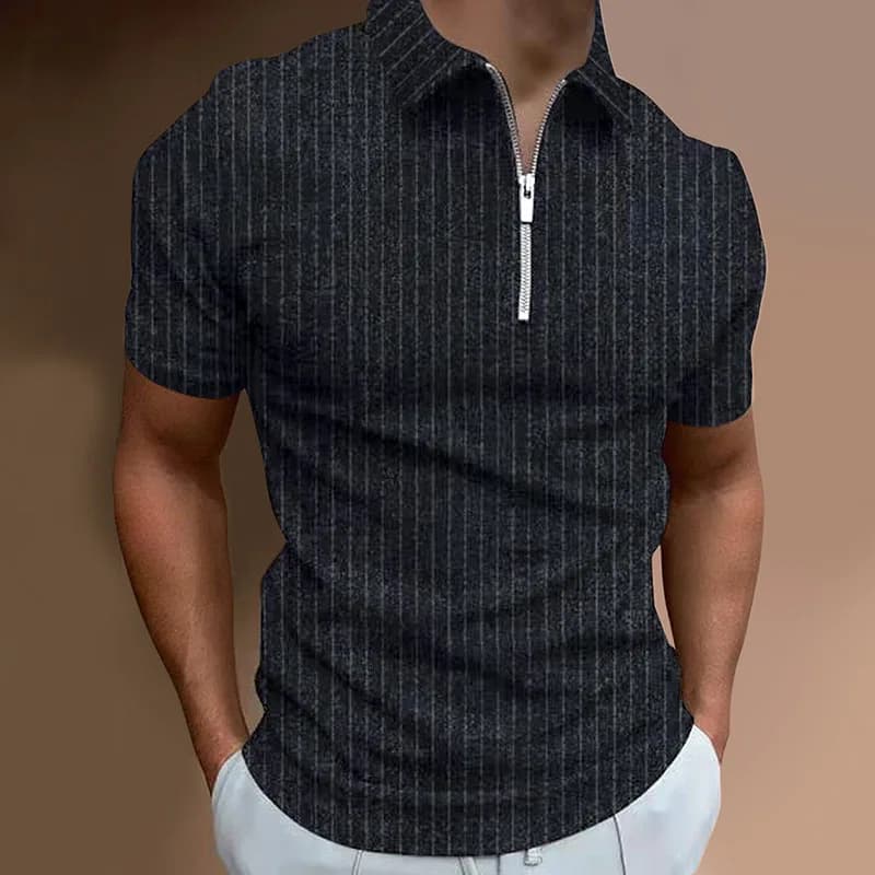 Men Striped Golf Polo Shirt Zipper Lapel Casual Holiday Short Sleeved Polo-shirt Fashionable Basic Style Regular Fit Men Shirt