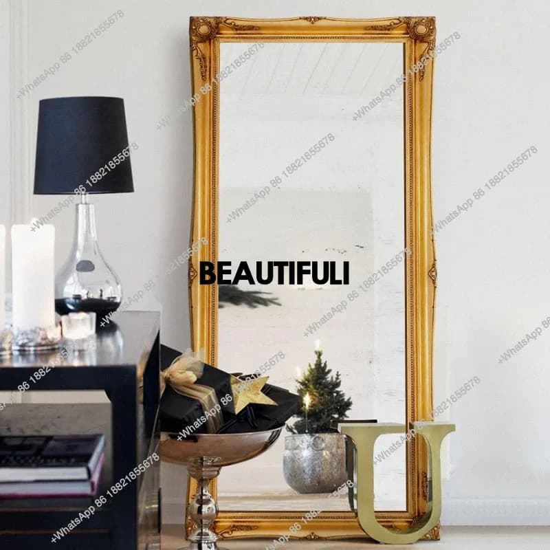 RR European retro carved floor-to-ceiling golden old clothing store model room cloakroom fitting mirror