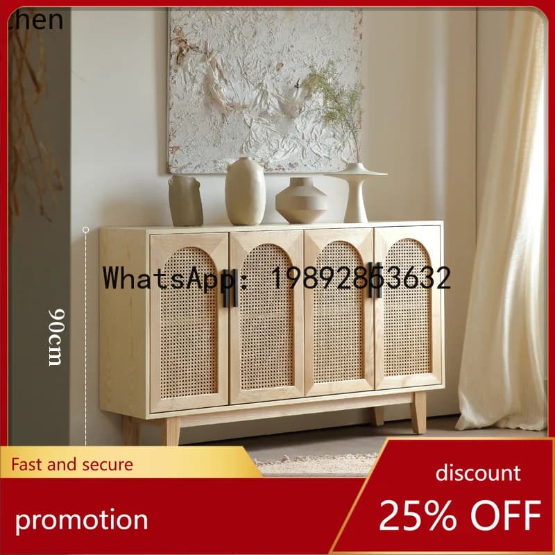 YFY Style Solid Wood Rattan Sideboard Home Living  Natural Wood Style Storage Cabinet Modern Simple Entryway Cabinet