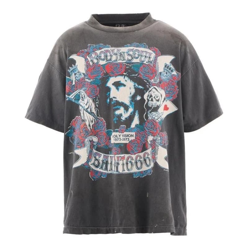 Top-Quality SAINT TEE Rose Washed Vintage-Style Short-Sleeve Summer T-Shirt for Men and Women Round Neck Loose Fit