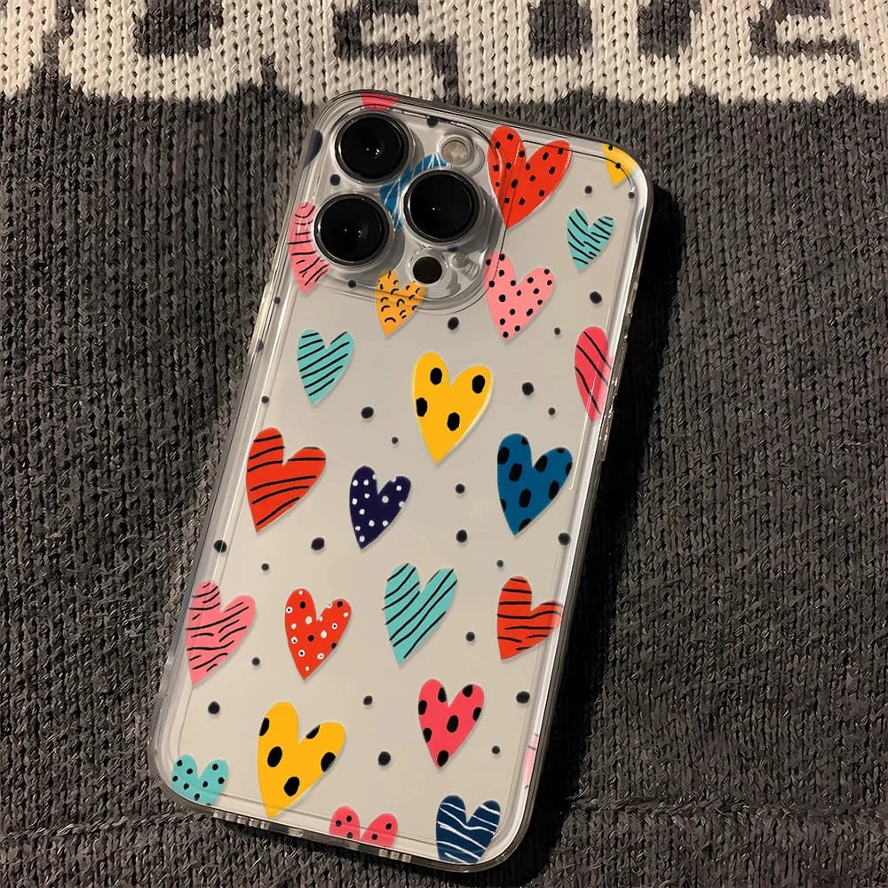 Colorful Love Heart Shaped Phone Case For iPhone 16 16E 15 14 11 12 13 Pro Max Plus Mini XS XR 7 8 Plus SE Smiling Clear Cover