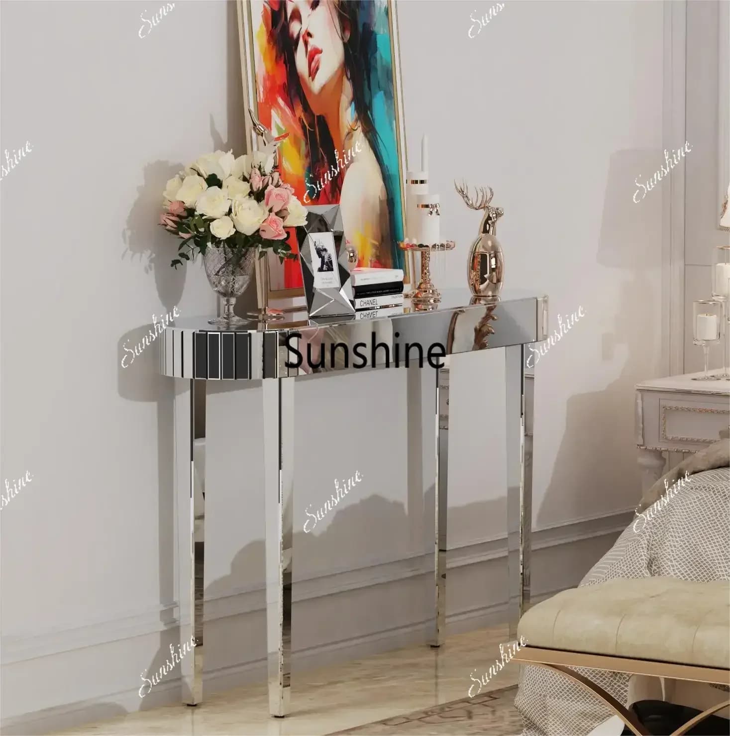 YYUltra Long Silver Mirrored Entry Console Table, Vanity Table, Versatile Home Furniture, Bedroom Hall Display Desk