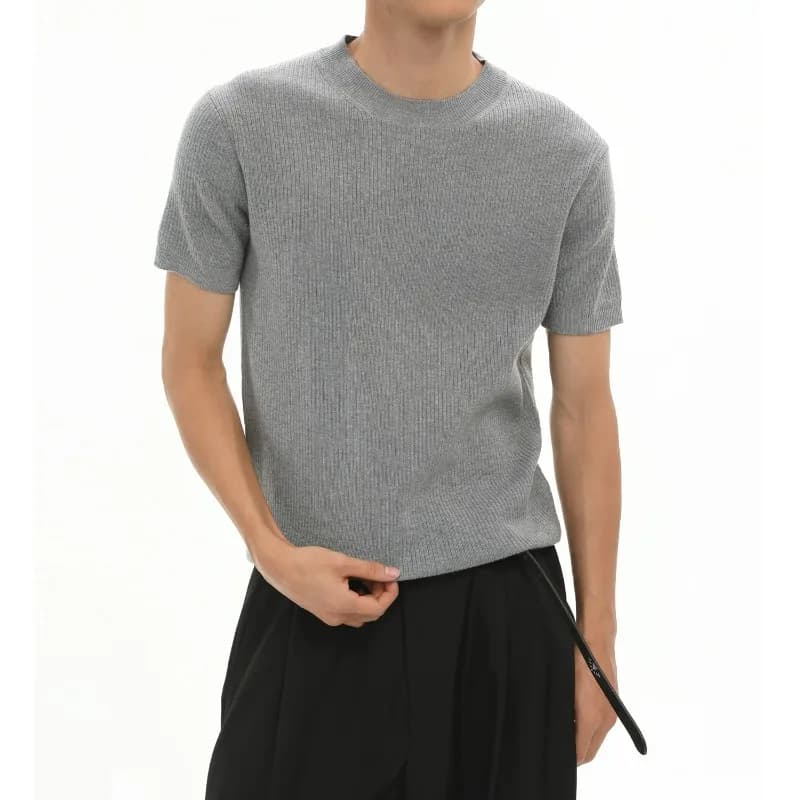 Men's Vertical Striped Old Money Wind Round Neck Pullover Knitted Short Casual Short Sleeves Versatile Solid Color