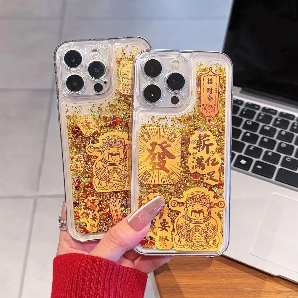 New INS Chinese Style God of Wealth Lucky Cat Print Quicksand Clear Phone Case For iPhone 16 15 14 13 12 11 Pro Max Plus Cover
