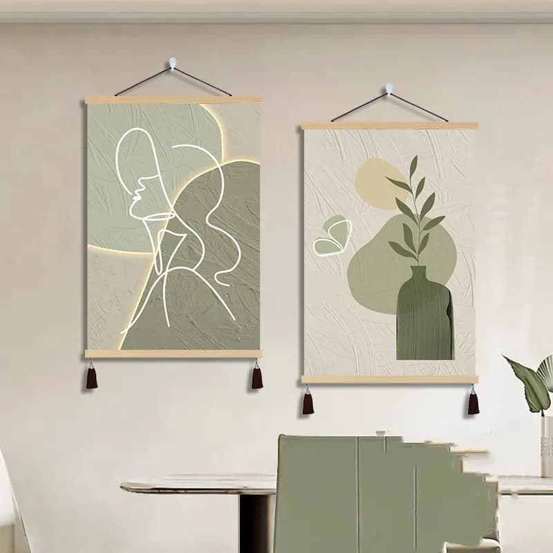 Wall Art Home Decor Cream Style Abstract Figure Painting Hanging Scroll Set of Textured LED Wood for Bedroom Hotel Guesthouse
