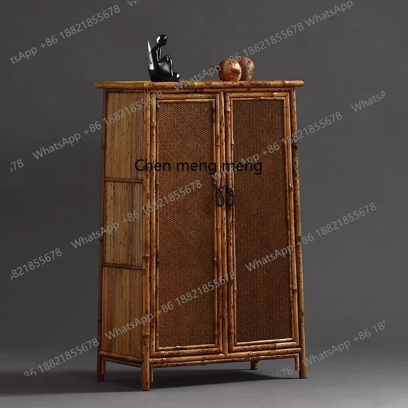 Retro Ming-style bamboo tea cabinet noodle cabinet, hand-woven mat tea set storage home tea shedJJ