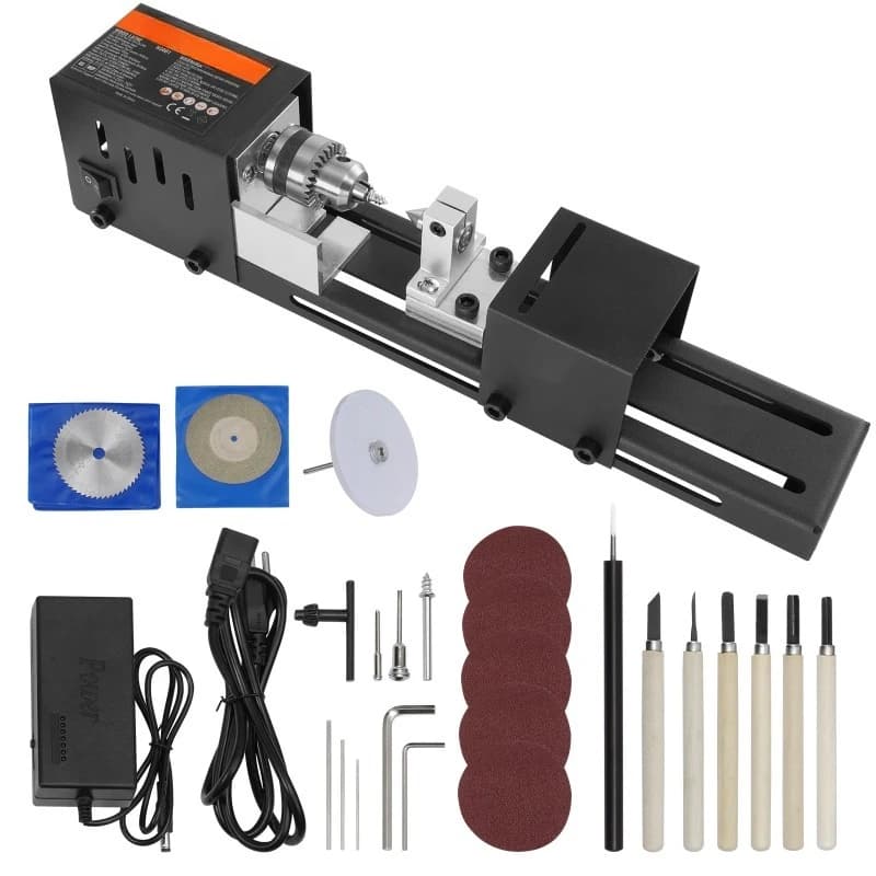 Mini Wood Lathe Machine 2.76in x 6.3in 24VDC 96W Machine Accessories, 7 Speed s for Woodworking Wood Drill Rotary Tool