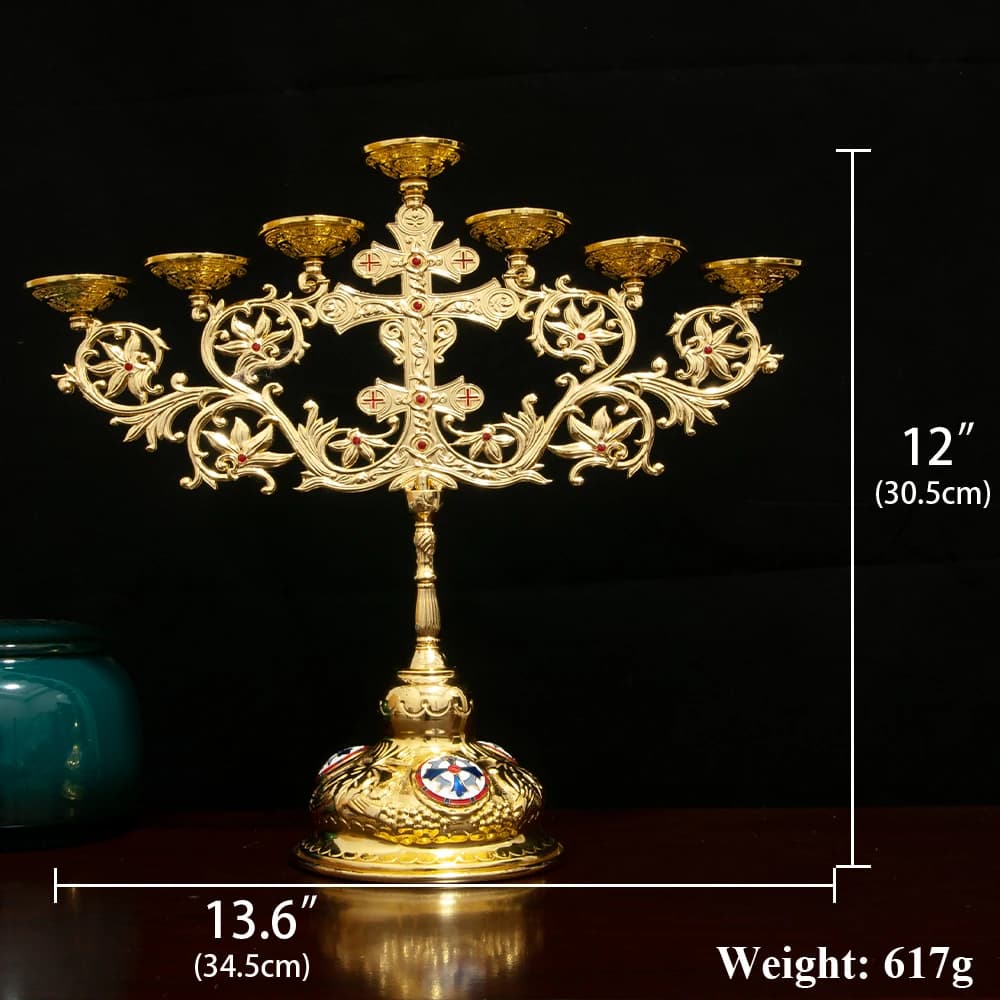 Ornate Golden Seven Branch Religious Candelabra Carved Cross Inlaid Red Gem Elegant Liturgical Candle Holder For Church Altar Ho