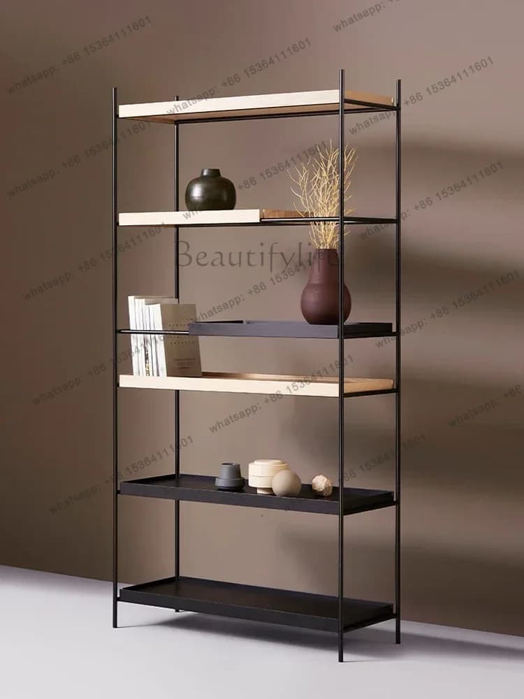 PG Nordic Minimalist Steel And Wood Combination Bookshelf Floor-to-ceiling Living Room Metal Shelf Multi-layer Stainless