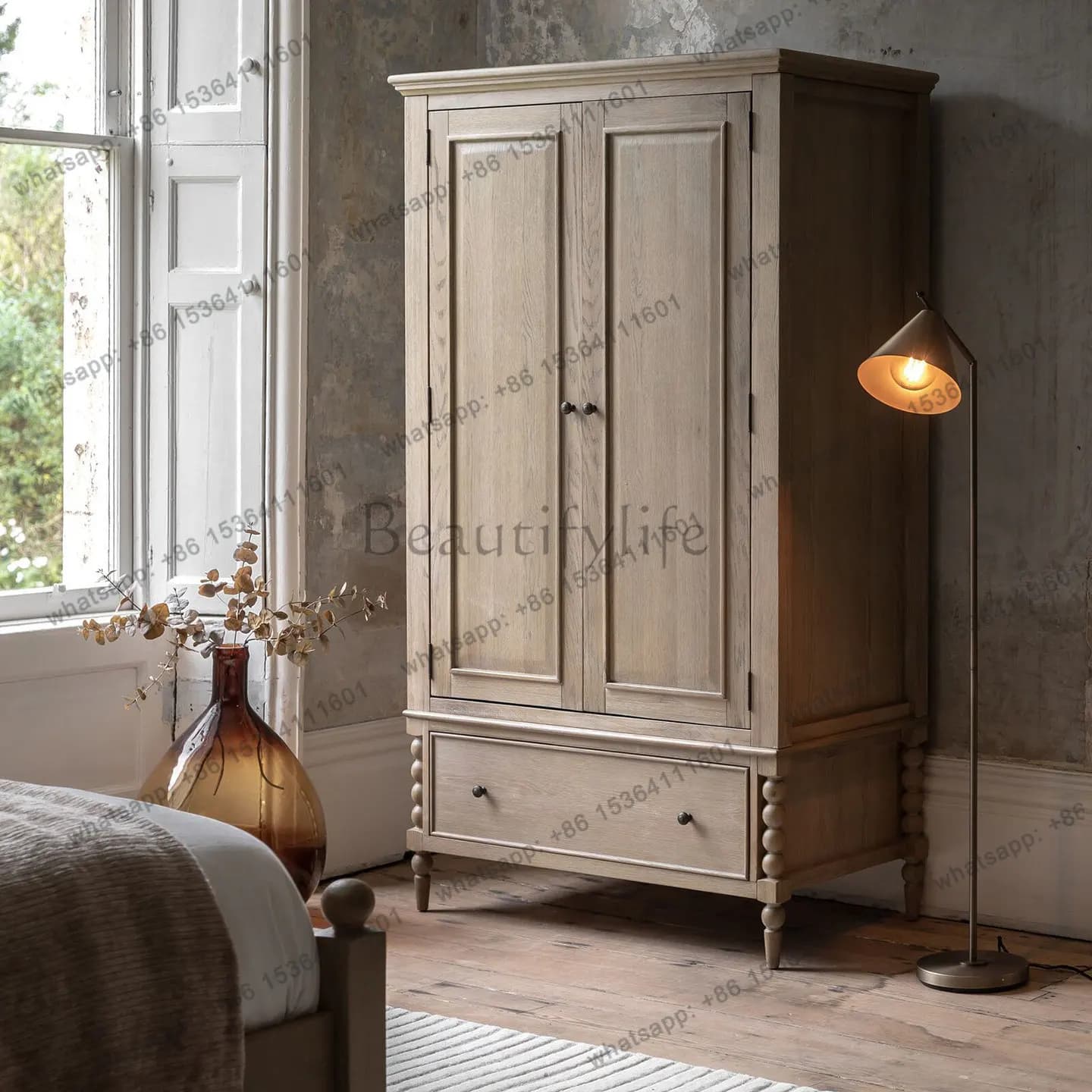 American rural retro double door large wardrobe antique storage ash wood storage cabinet