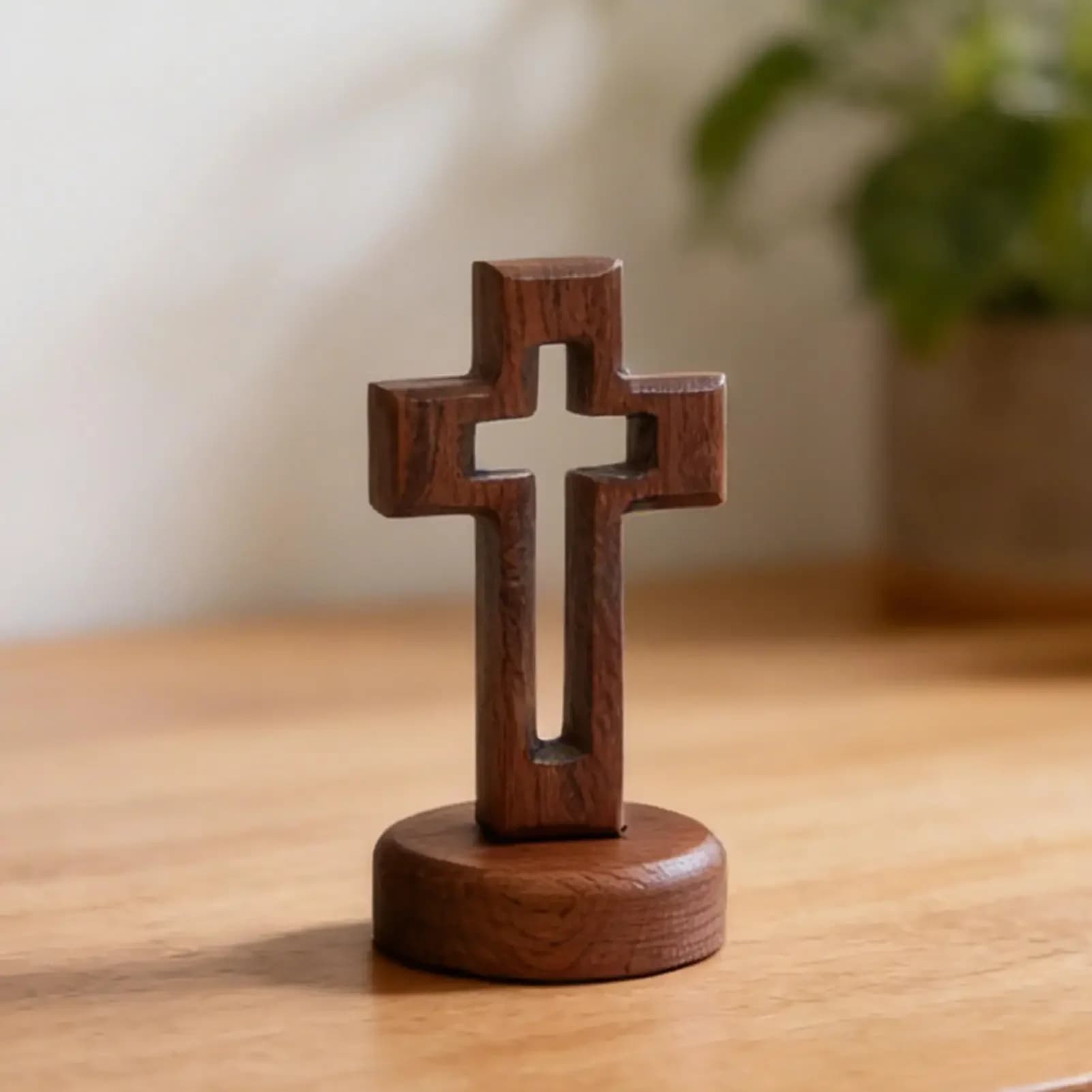 Standing Cross Wooden Catholic Easter Home Decor Religious Sculpture with Flower Base for Living Room Bedroom Bathroom Office