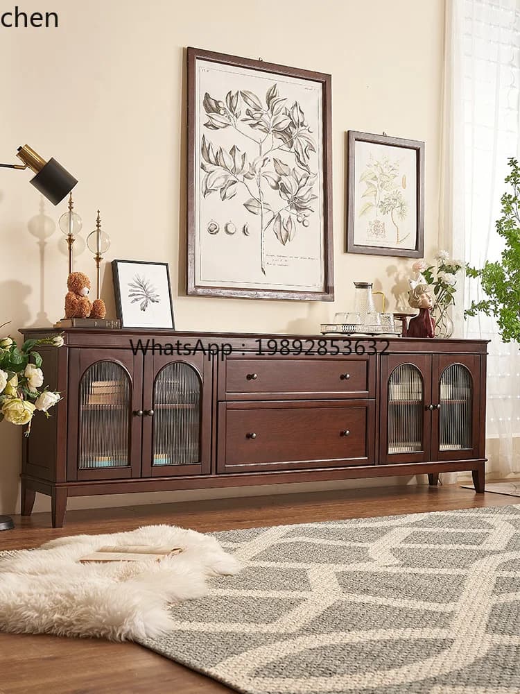 retro all-solid wood TV cabinet living room glass locker floor cabinet home