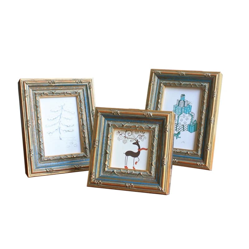 American Style  Metal Color Solid Wood Retro Photo Frame, Blue Pattern Combination Wall Hanging Photo Frame