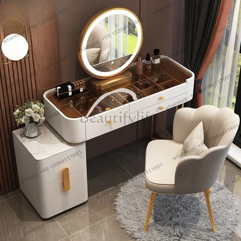 Storage cabinet integrated LED mirror light luxury luxury folding solid wood dresser cream style