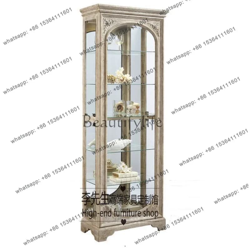 French retro weathered Baijiu cabinet, rural solid wood glazed single-door display cabinet