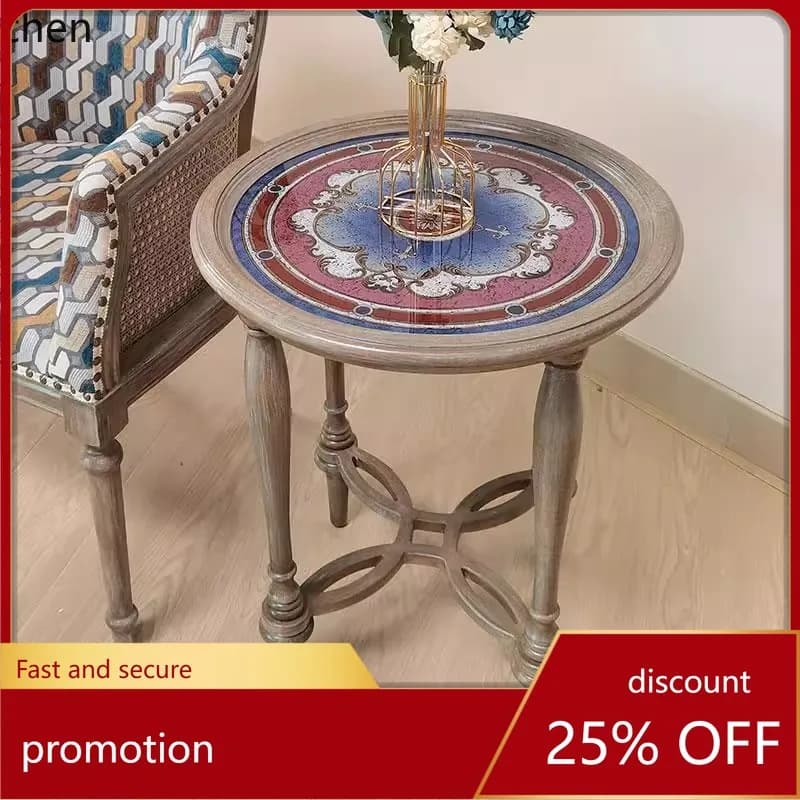 CZ European Retro Painted Corner Table Living Room American Glass Small Coffee Table Sofa Solid Wood Small Round Tea Table
