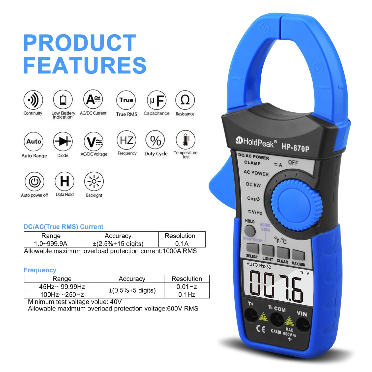 HoldPeak HP-870P-AC/DC Power Clamp Meter, Voltmeter and Ammeter, 999.9A, Electronic Multimeter with Active Energy Diagnostic