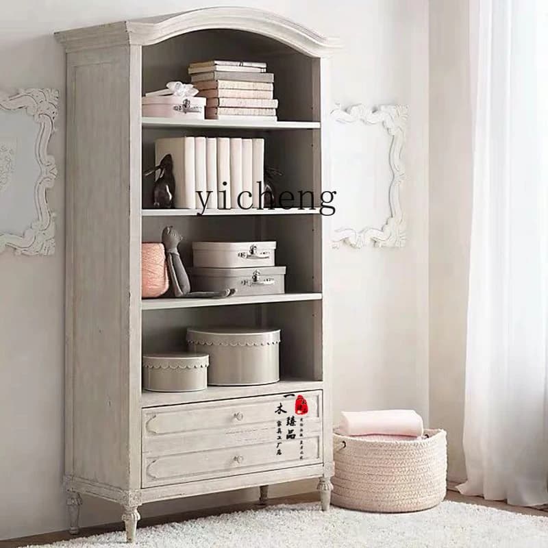 YFY  American solid wood bookcase antique white old retro display storage cabinet post-modern small bookcase multi-layer shelf