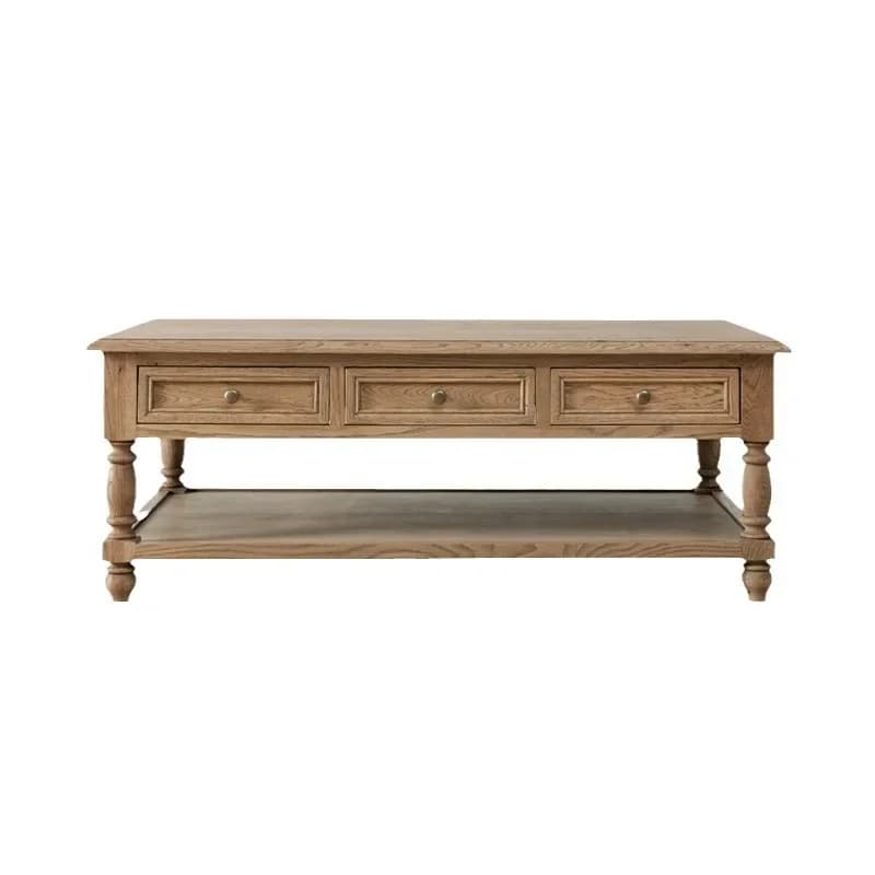 American solid wood oak coffee table, rectangular French retro double coffee table, coffee table