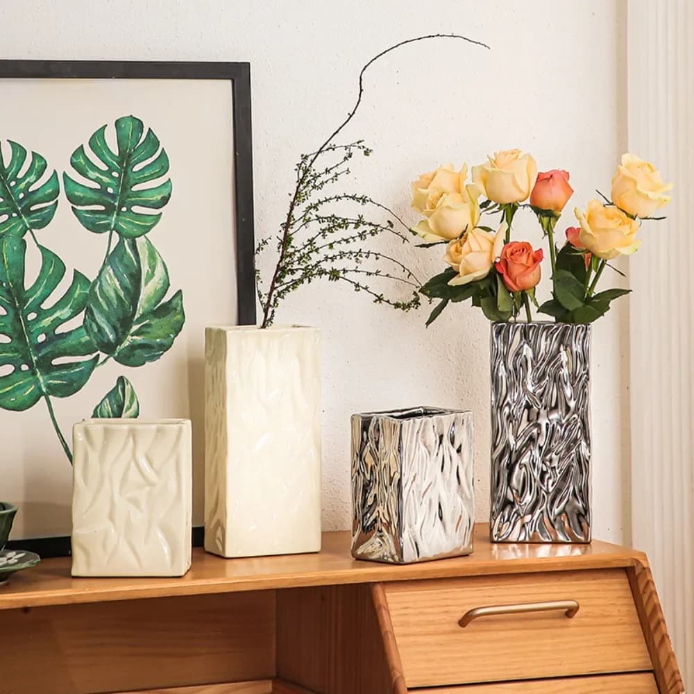 Silver-white Corrugated Texture Ceramic Vase Rectangular Corrugated Vase Modern Home Vase Fresh Dried Flowers Artificial Flowers