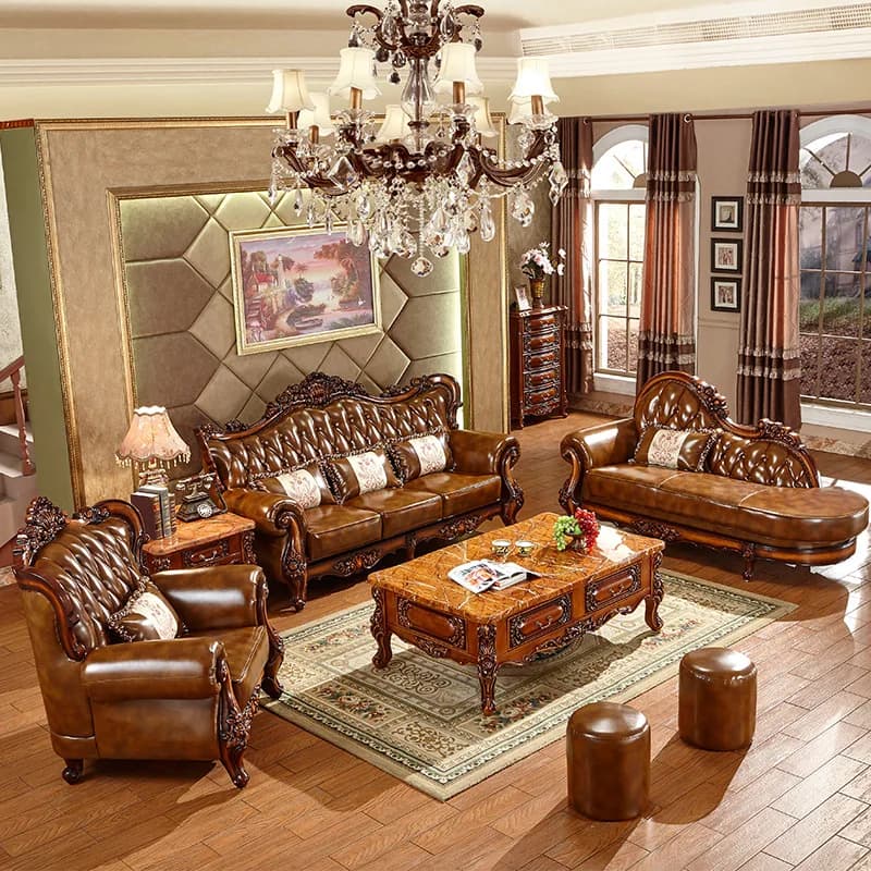 #v European Style Solid Wood High-End Leather U-Shaped Sofa Set New American Villa Furniture for Hotel Living Room