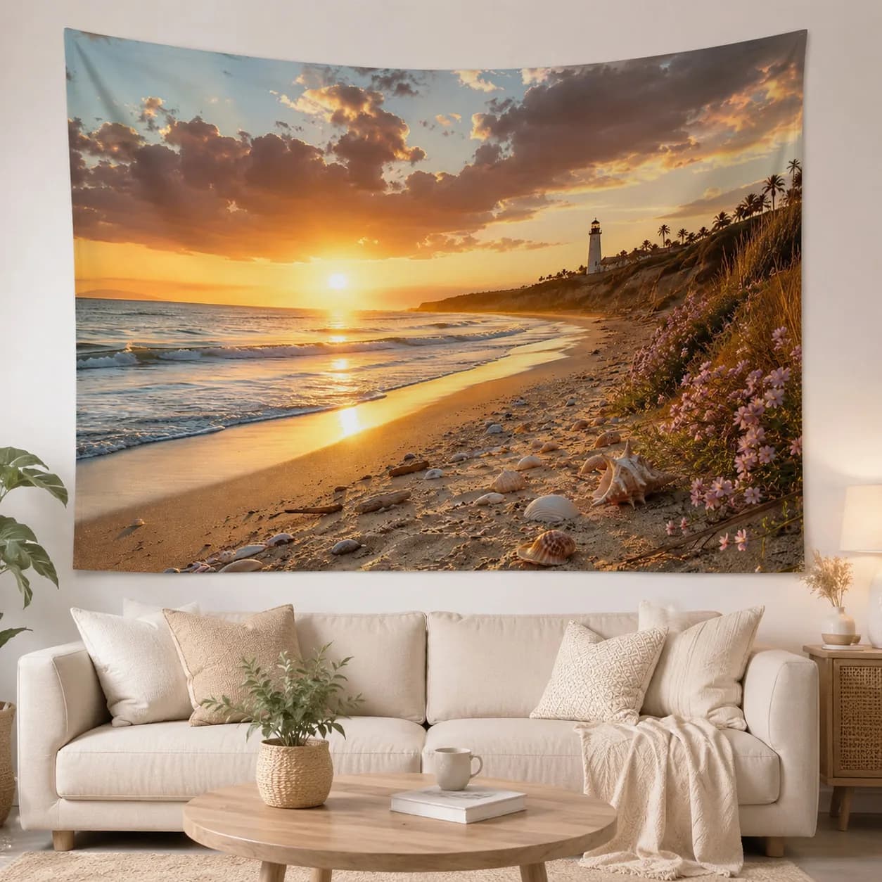 Coastal Lighthouse Tapestry Wall Art Romantic Pink Sunset Ocean Woven Blanket Seaside Landscape Room Decoration Backdrop Cloth