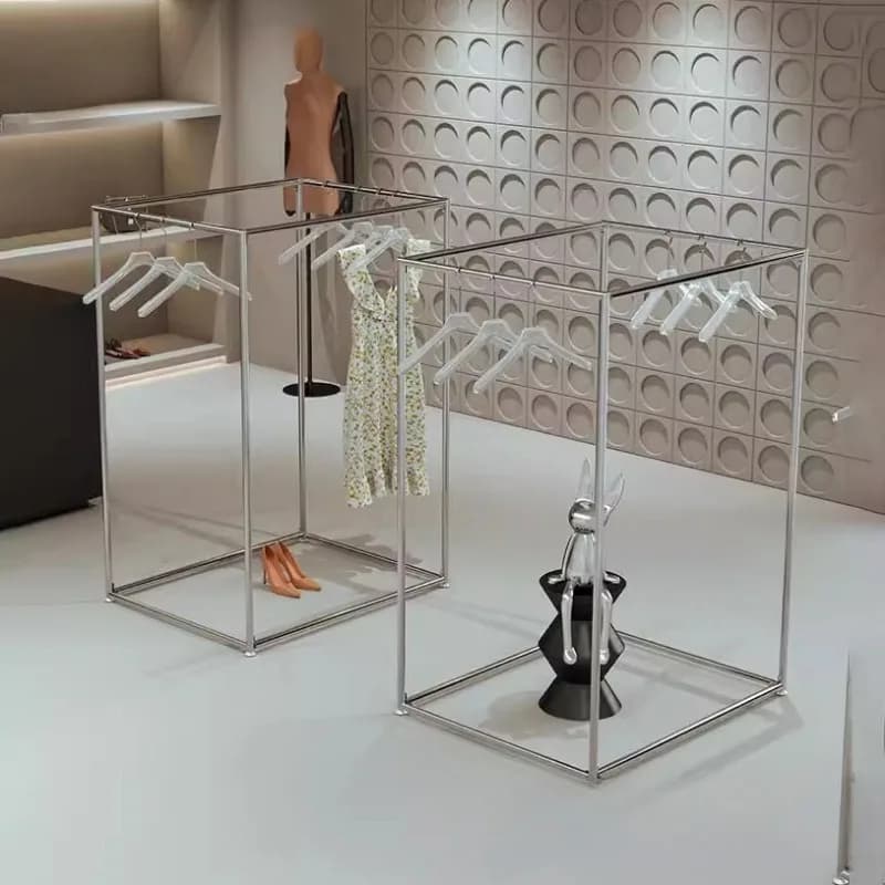 Stainless steel clothing store display rack, island display rack, square island shelf in the middle of the store, clothes rack