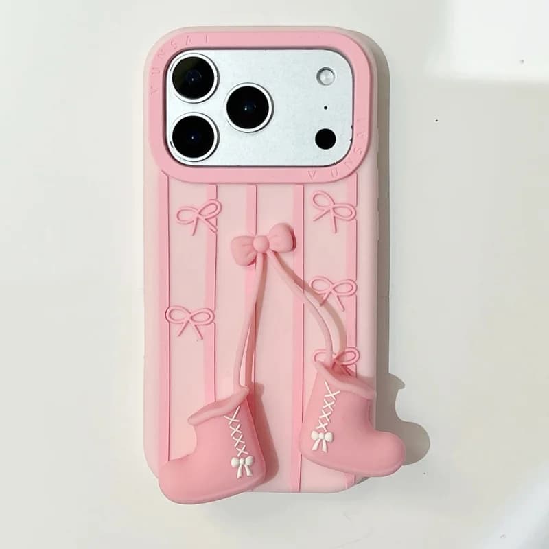Cute 3D Bow Boots Pendant Soft Silicone Phone Case For iPhone 18 17 16Plus 15 14 13 12 Pro Max Funny Cartoon Shockproof Cover