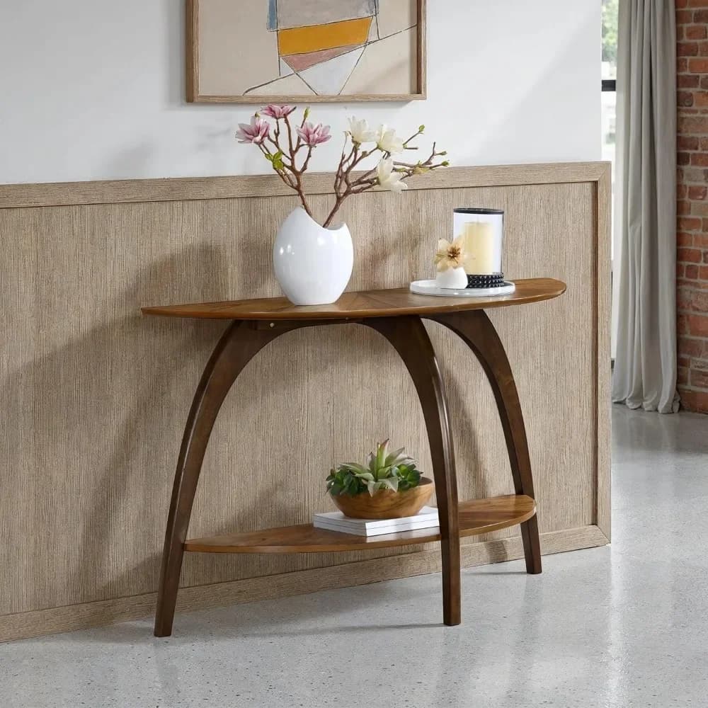 Retro Mid-Century Modern Half-Moon Wood Sofa Table with Lower Shelf, Console Table for Living Room or Entryway