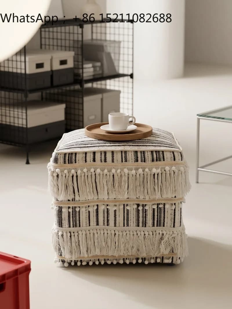 SCY retro fringed dressing stool small apartment living room bedroom square stool high-end homestay hotel shoe changing stool