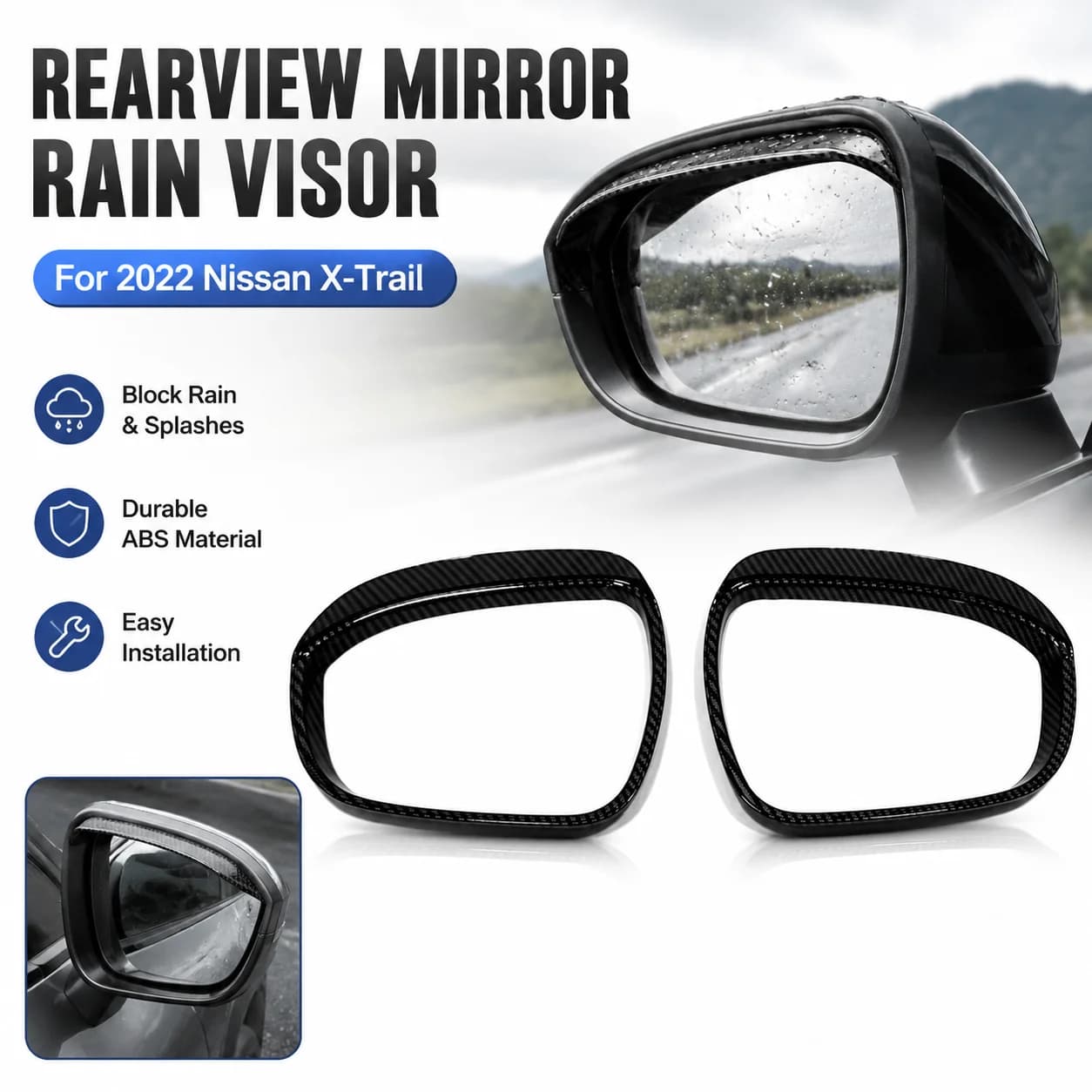 2x Rearview Mirror Rain Visor for 2022 Nissan X-Trail, Carbon Fiber ABS