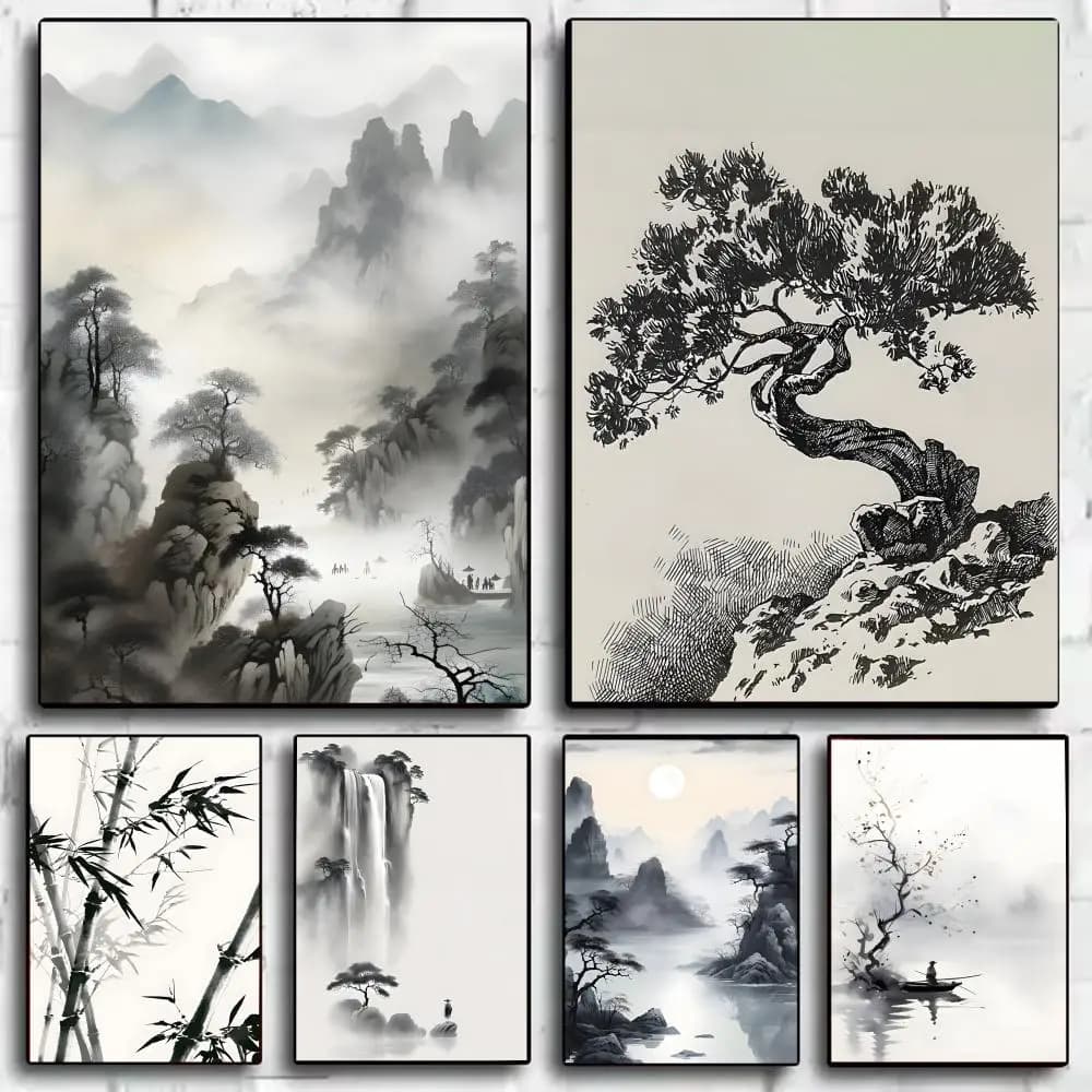Simple Landscape Ink Painting Poster Self-adhesive Wall Art For Home Bar Cafe Movie Theater Decor DIY Modern Print For All