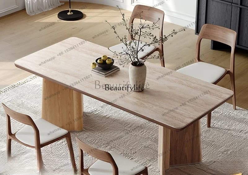 FGTravertine rock slab dining table rectangular cream style light luxury high sense