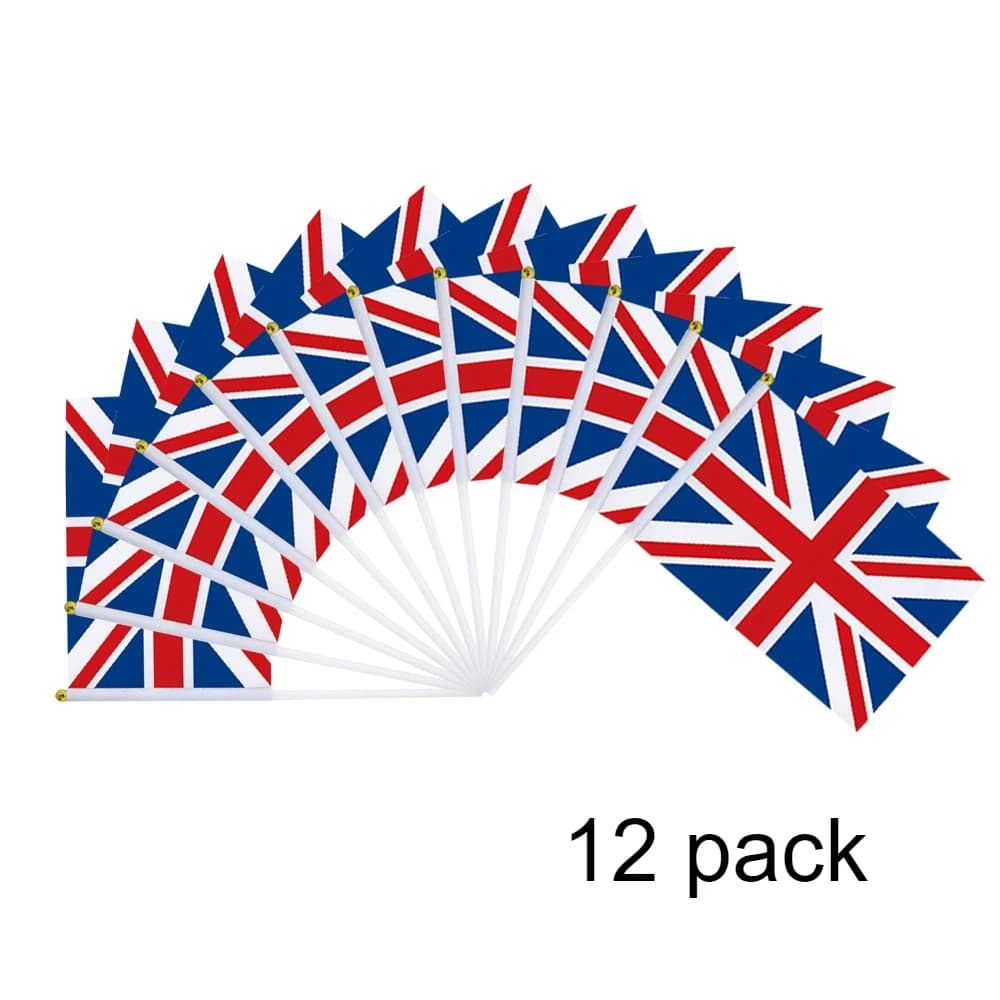 12 Pack United Kingdom Flag UK Waving Flags, Ideal for Party, Parades, Sports Events, Patriotic Festival Decor with Plastic Pole