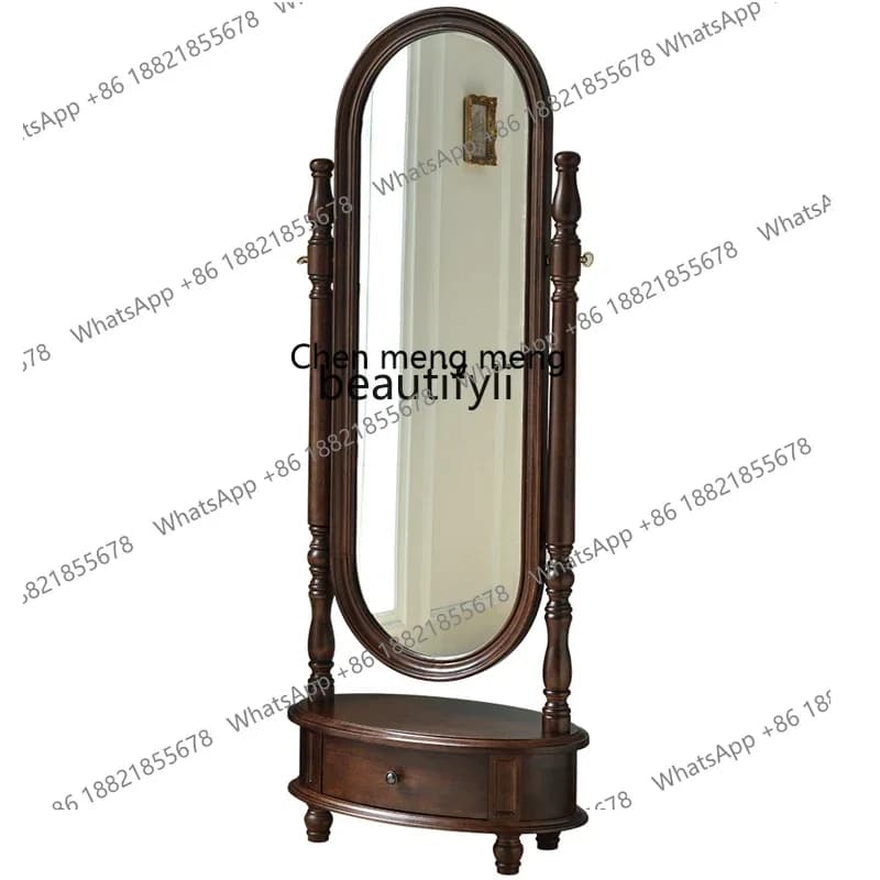 xzRetro Solid Wood Full-Length Mirror Home Fitting Dressing Mirror French Oval Floor Mirror with Storage