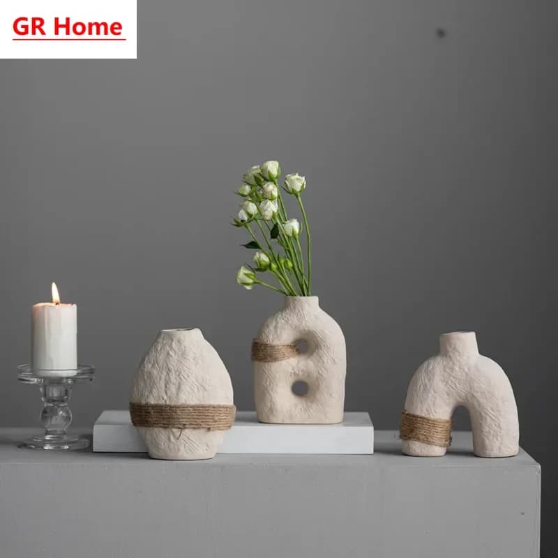 Three-piece Set of Ceramic Artware: Unglazed Earth Glaze Banded Small Vases, Indoor Home Decorations