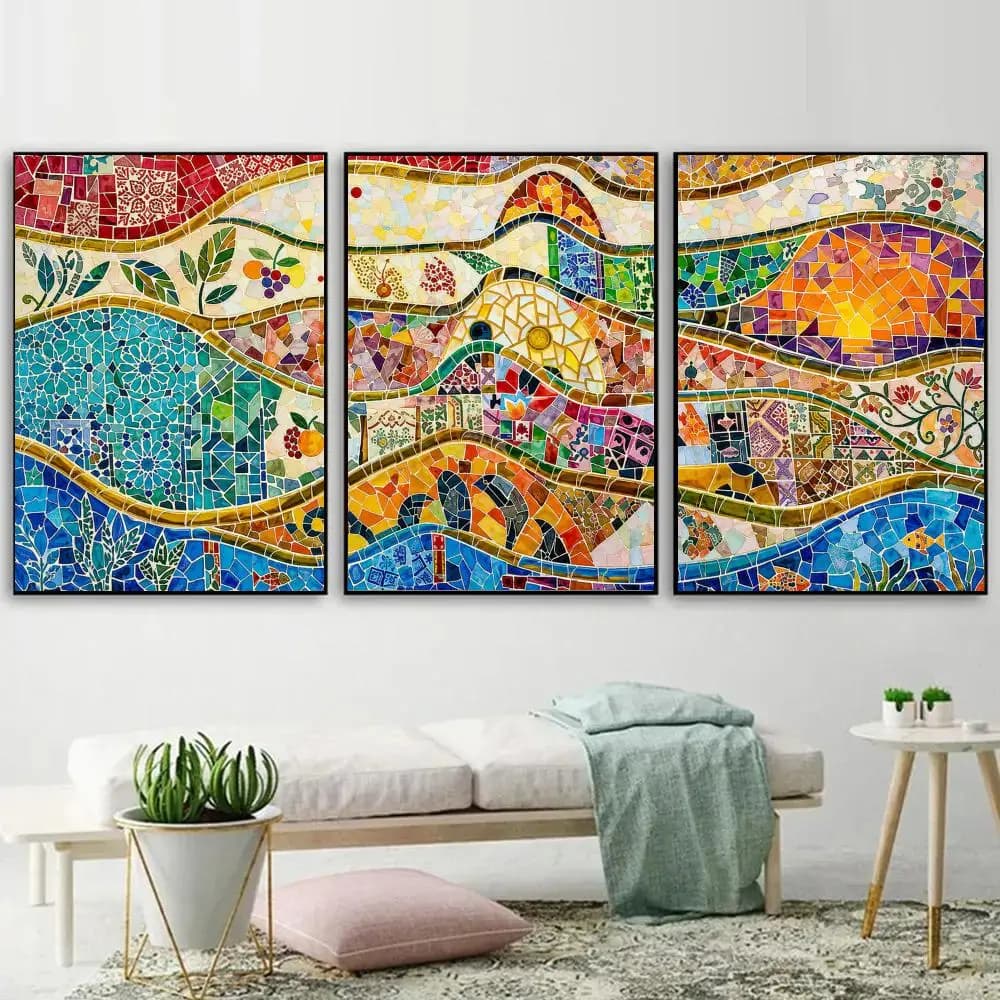 Colorful Boho Mosaic Tile Abstract Painting Calligraphy 3 PCS Canvas Poster Set Wall Art for Bedroom Living Room Home Decor Gift