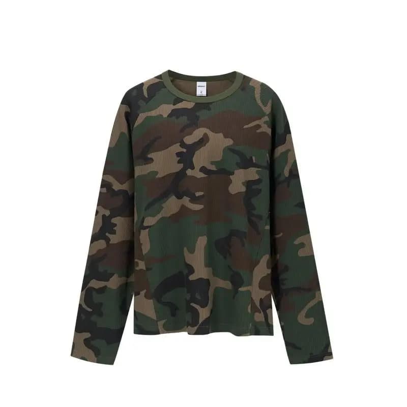 Street Trend Waffle Weave Camouflage Long Sleeve Tee Luxury Brand 2026 Autumn Release American Raglan‑Sleeve Casual Outerwear