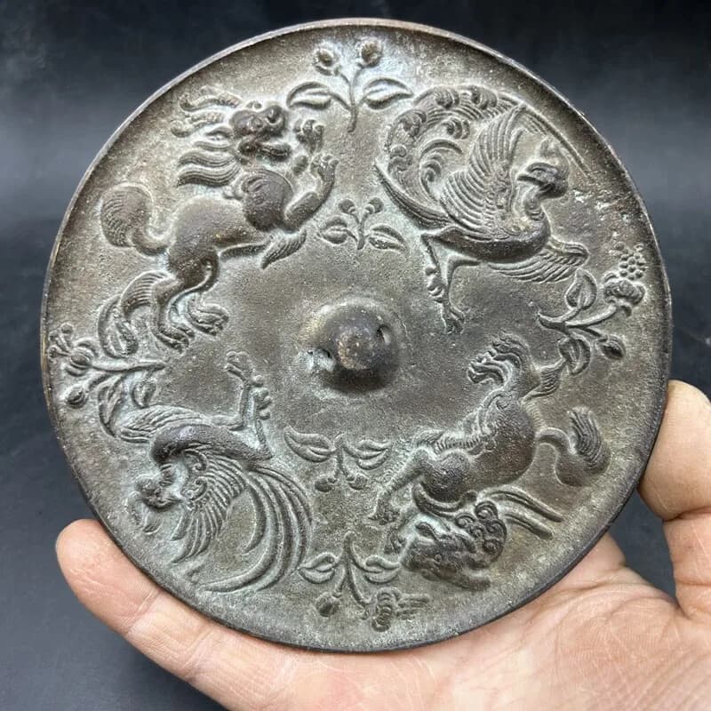 Chinese Tang Style Bronze Mirror Four Mythical Beasts Relief Pattern Eight-Cornered Flower and Bird Figurine Home Decor