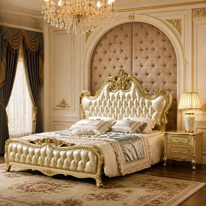 Deluxe Champagne Gold Solid Oak Carved Bed, Double Bedroom Furniture Set