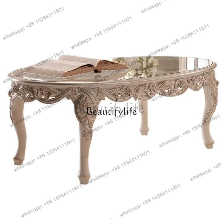 FGEuropean solid wood carving flower round coffee table French fashion neoclassical antique coffee table