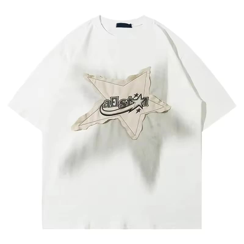Oversized Vintage Star T Shirt Men Allstar Patch Applique Ink Effect White Cotton Streetwear Tee Fashion Top Vintage Hop