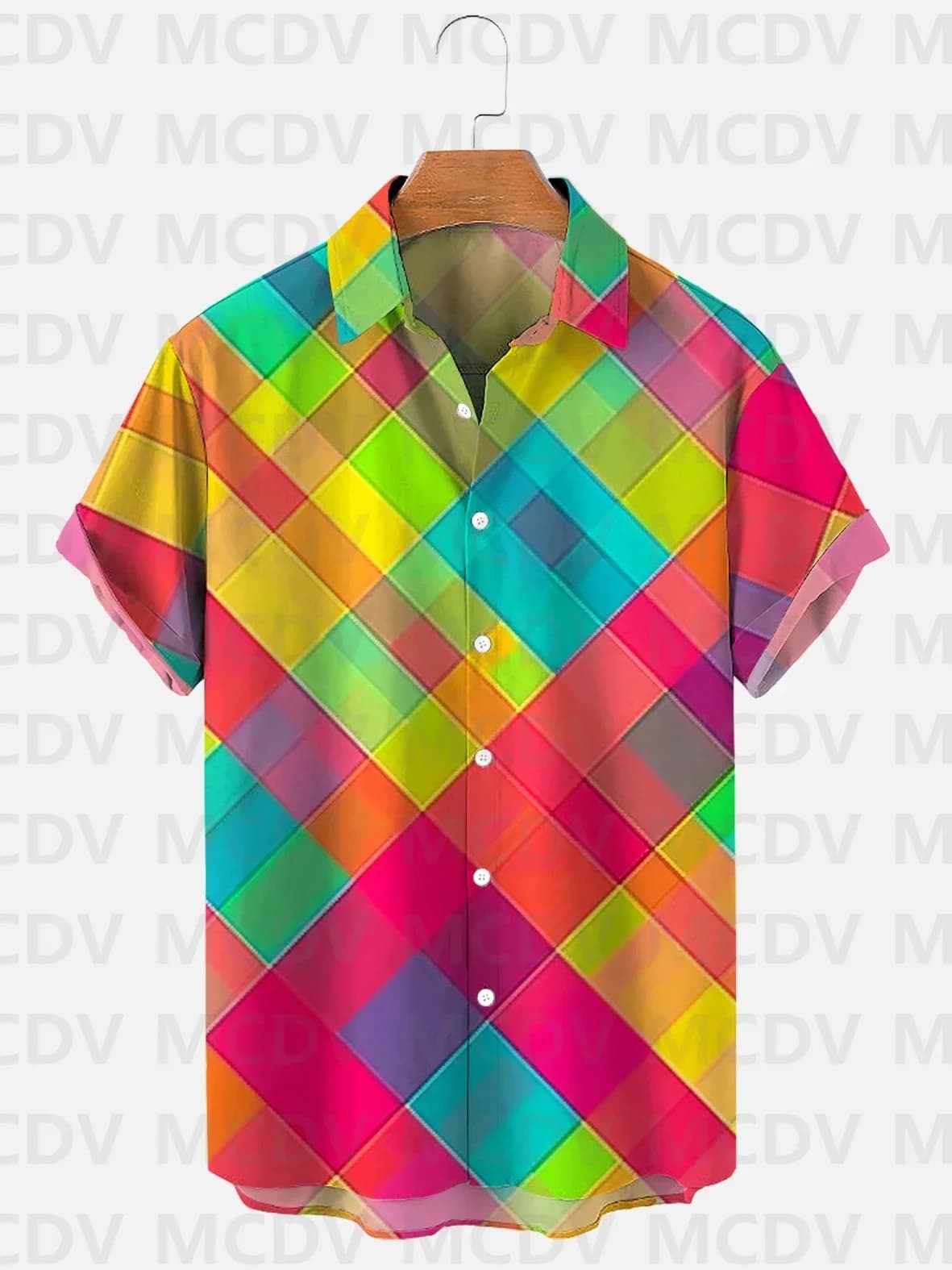 Hawaiian Tribal Style Rainbow Vertical Stripes Printing Breast Pocket Short Sleeve Shirt