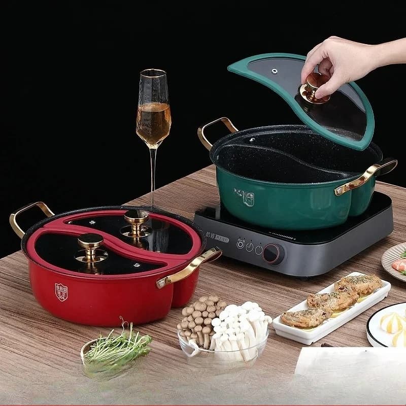 304 Stainless Steel Double flavor Hot Pot with Lid Thickened Double Ear Soup Pot Induction Cooker Double Flavor red green HotPot