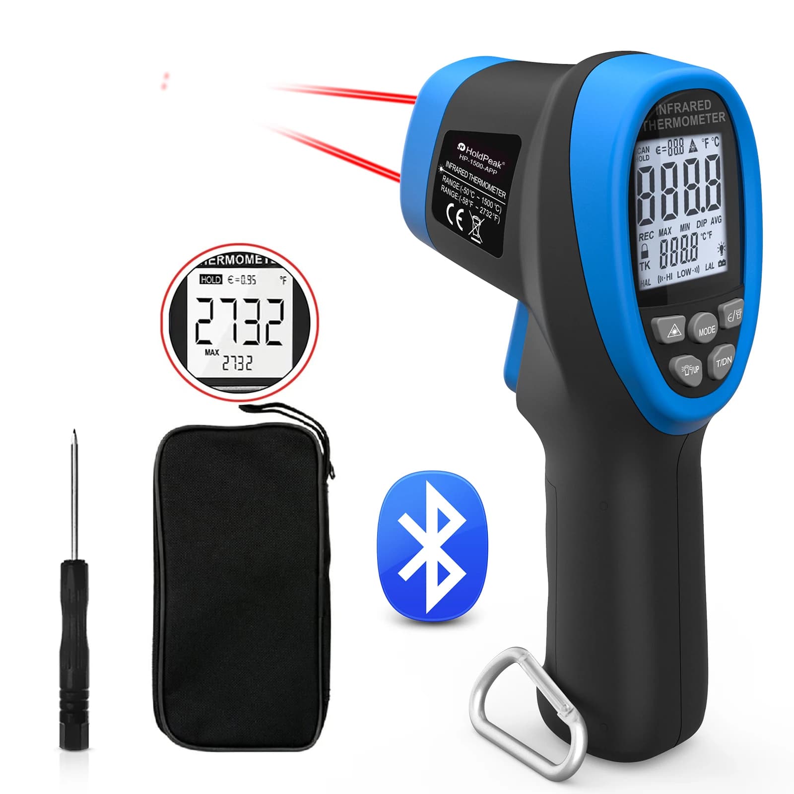 HoldPeak HP-1500-APP Digital Infrared Thermometer -50~1500 DS 30:1,Non Contact Temperature Meter with Bluetooth APP Data Hold