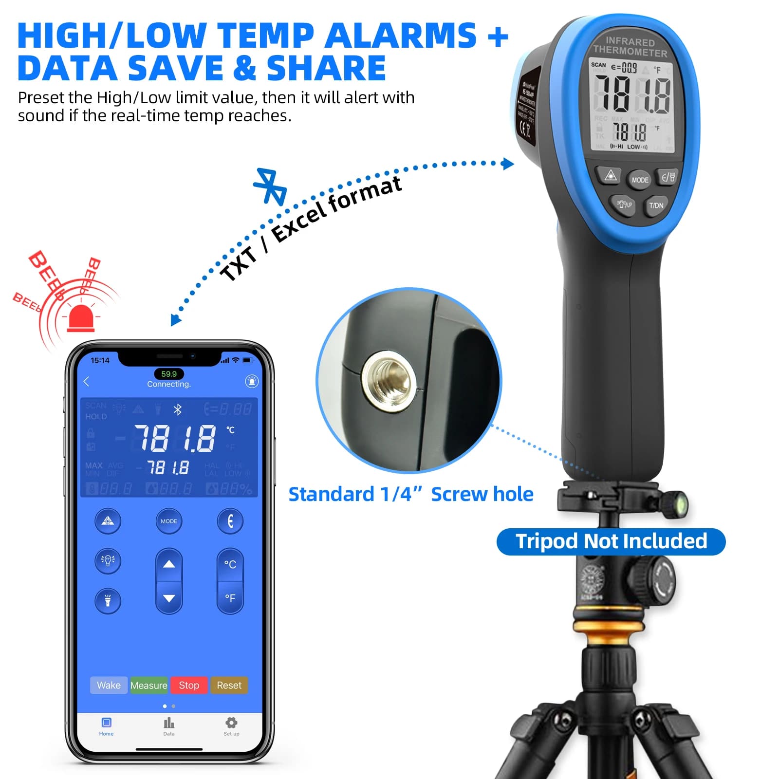 HoldPeak HP-1500-APP Digital IR Thermometer -50~1500 DS 30:1,Dual Laser Temperature Meter with Bluetooth APP Data Hold Alarm Set