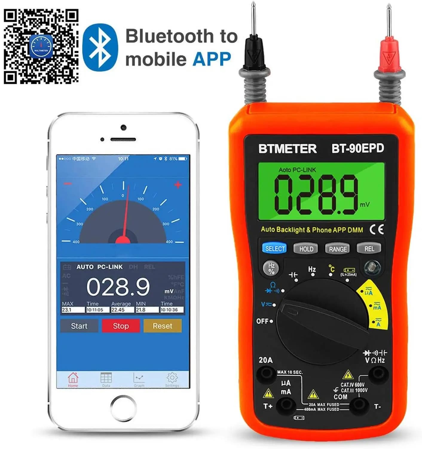 BT-90EPD Digital Multimeter Auto Range Avometer 4000 Counts with Mobile Phone APP Bluetooth Auto Backlight,Cap,Hz,Duty Cycle