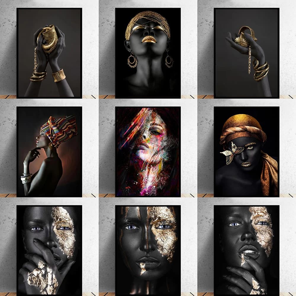 African Woman Art Black And Gold Portrait Canvas Paintings Poster Print Wall Art Picture Home Decor For Living Room Frameless